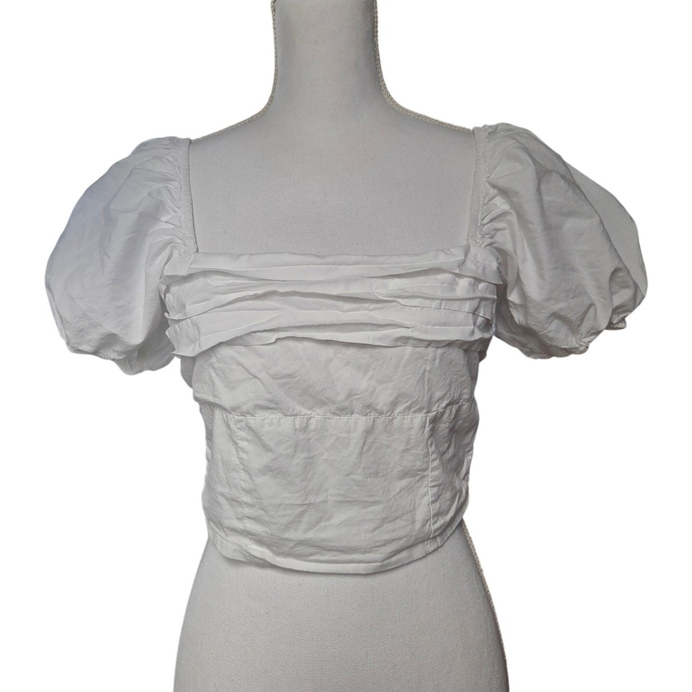 White Milkmaid Puff Sleeve Crop Top Cottagecore Coquette Smocked Back Medium